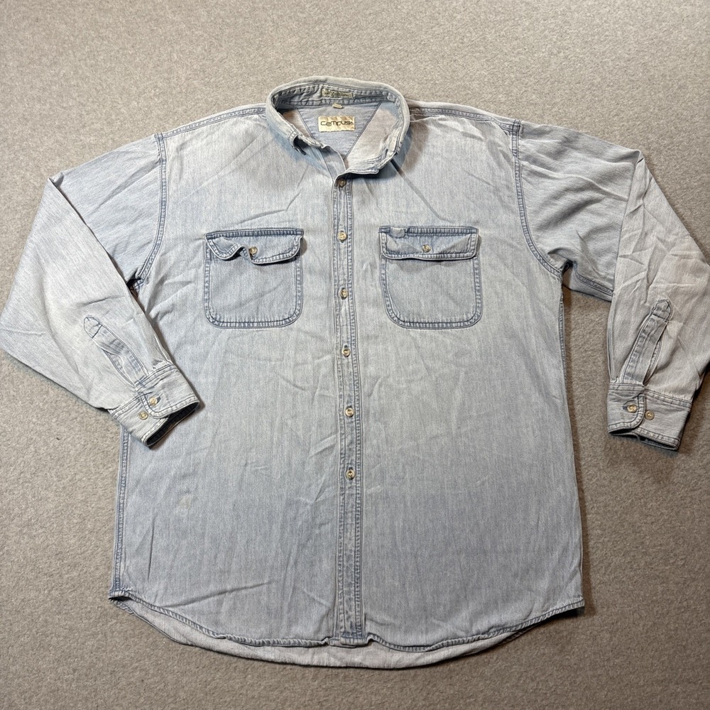 VTG CAMPUS‎ Blue Denim Long Sleeve Button Down Work Shirt Men's L 2 Pocket 90s